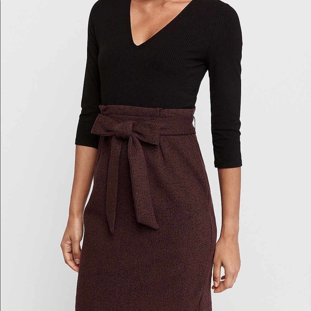 Express Jacquard Sash Tie Fit and Flare Dress